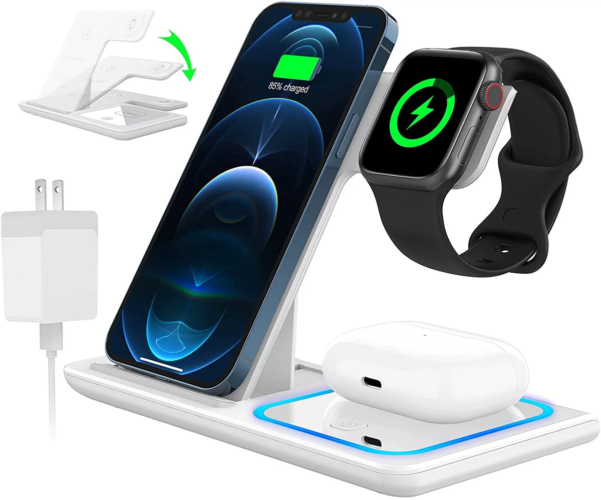 Wireless Charger, 18W Fast Iphone Charging Station for Iphone 15/14/13/12 /11/Pro Max/Plus /XR,3 in 1 Wireless Charging Stand for Iwatch Series SE 9/8/7/6/5/4/3, Airpods Pro/3/2 (With QC3.0 Adapter)