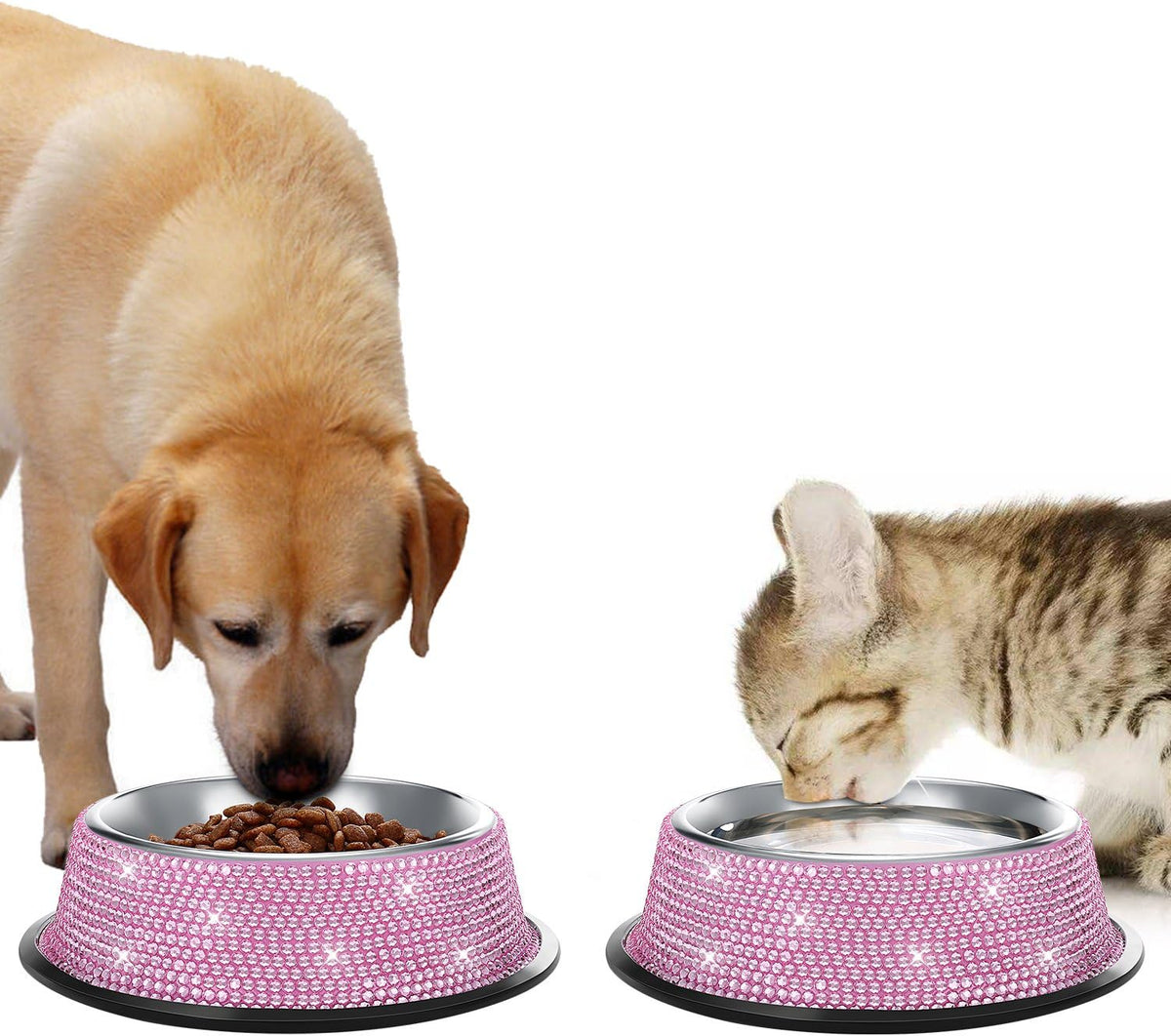 SAVORI Bling Dog Bowls Pink, 640ML Handmade Bling Rhinestones Stainless Steel Pet Bowls Double Food Water Feeder for Puppy Cats Dogs - Set of 2