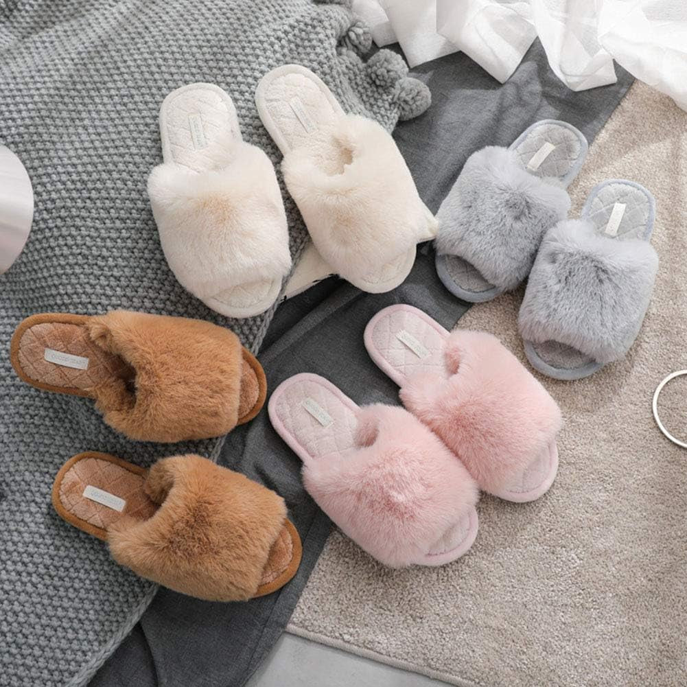 HUMIWA Women'S Fuzzy Fur Flat Slippers Soft Open Toe House Slippers Memory Foam Sandals Slides Home Slippers for Girls Men Indoor Outdoor