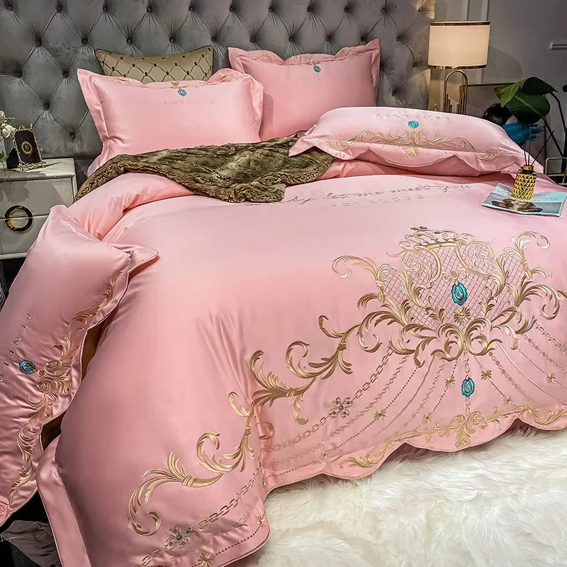 European Style Bedding Set Luxury Gold Royal Embroidery Satin Double Duvet Cover Pure Cotton Bed Sheets and Pillowcases Bed Set