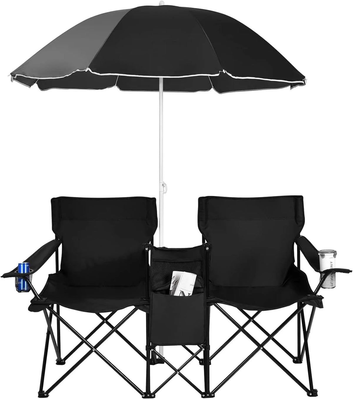 Portable Folding Picnic Double Chair W/Umbrella Table Cooler Beach Camping Chair for Patio Pool Park Outdoor