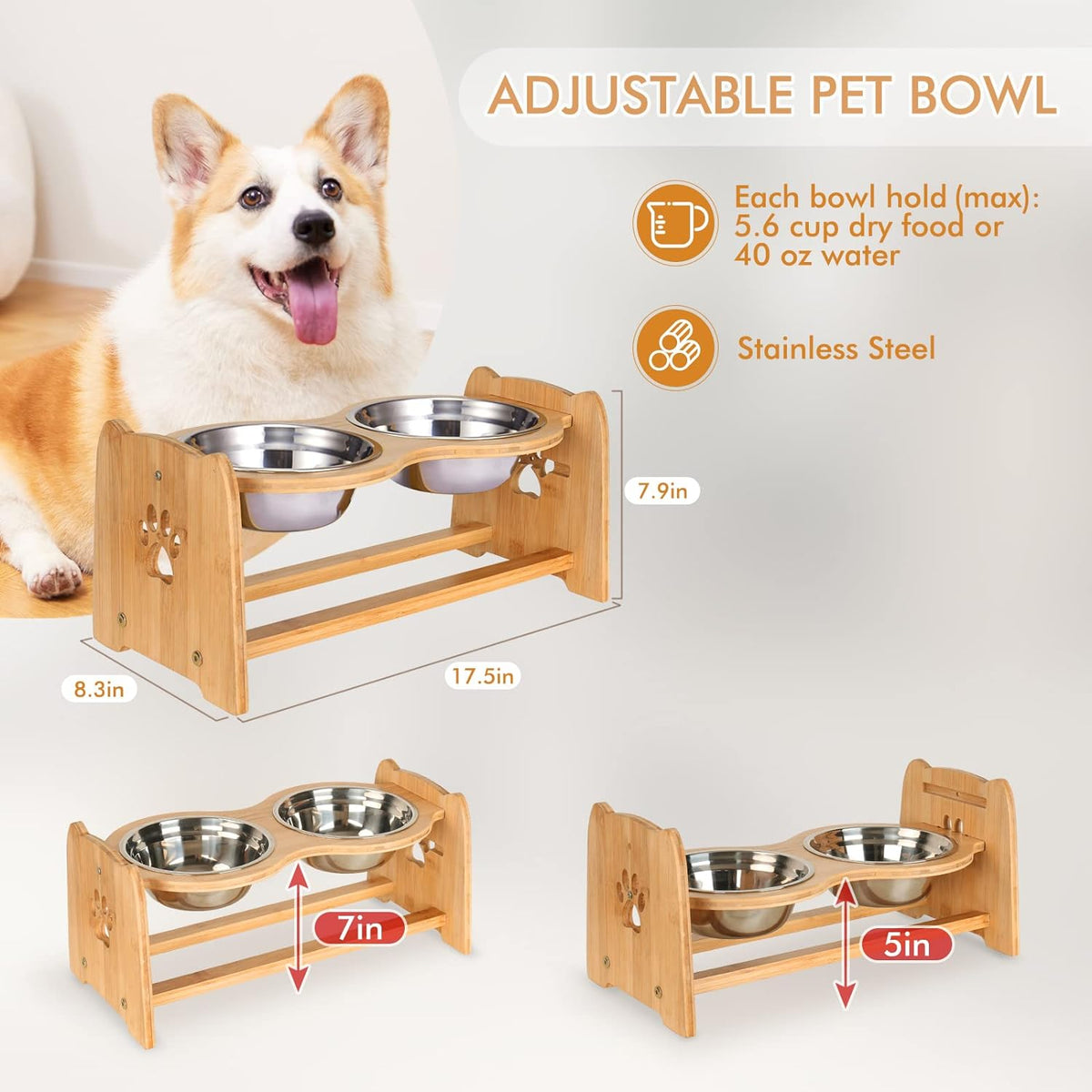 X-ZONE PET Elevated Dog Bowls for Cats and Dogs, Adjustable Bamboo Raised Dog Bowls for Medium Dog, Food and Water Set Stand Feeder with 2 Stainless Steel Bowls and anti Slip Feet (Height 4.7" to 7")