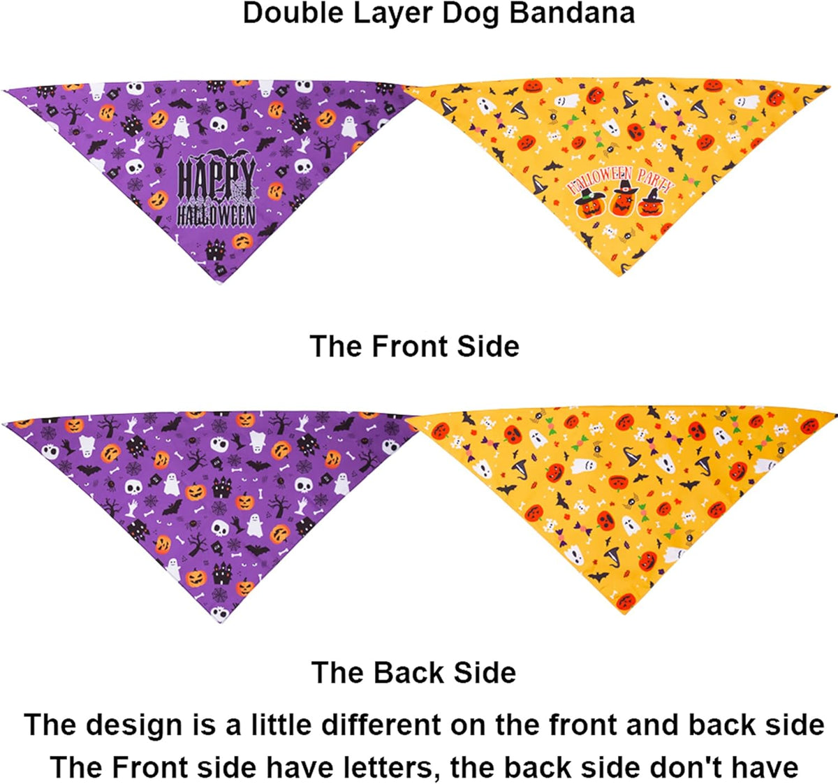 ADOGGYGO 2 Pack Halloween Dog Bandana, Reversible Triangle Dog Scarf Accessories Halloween Bandanas for Small Medium Large Dogs Pets (Purple & Yellow)