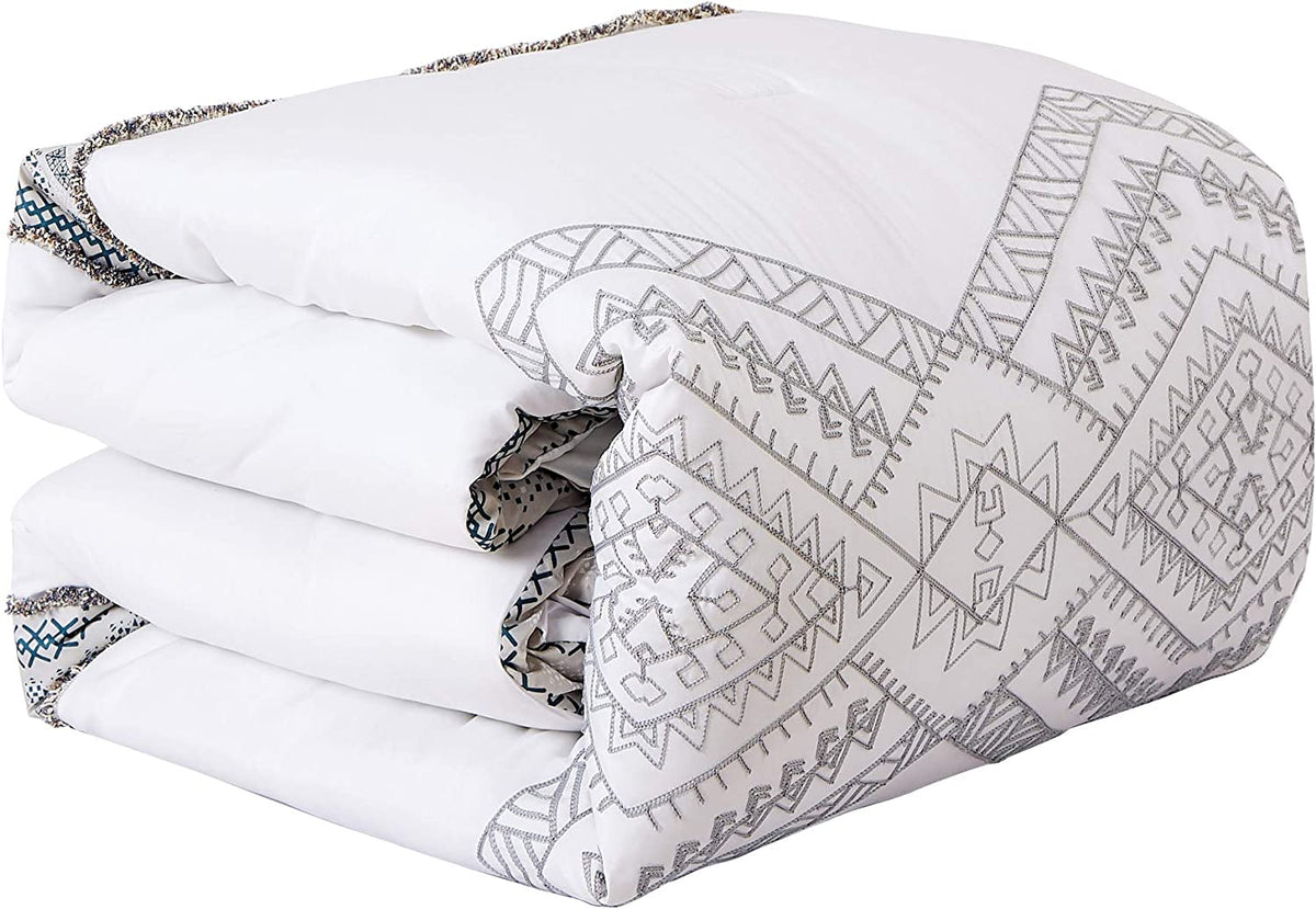 8 Piece Comforter Bedding in a Bag with Pillow Shams and Cushions - Elegant Pattern in White, Gray (21862, King/California King)