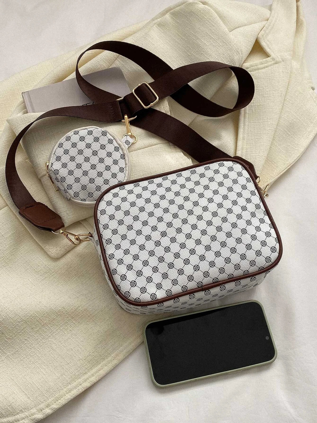 Mini Geometric Pattern Square Bag with Coin Purse , Women Bag with Dime Bag