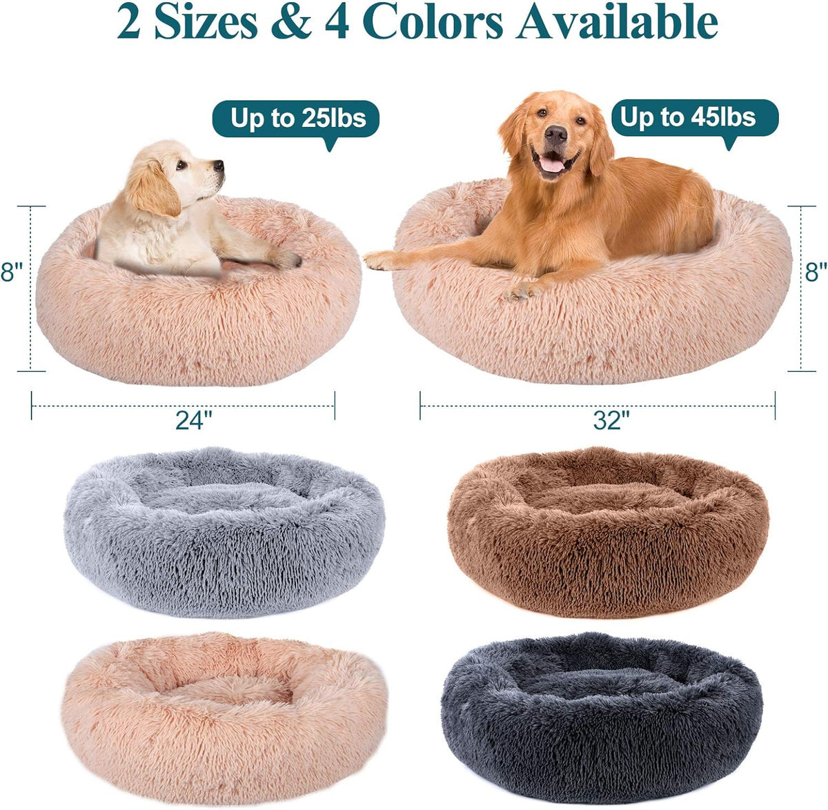 Calming Dog Beds for Large Medium Small Dogs, 24/32Inch Fluffy Cat Bed Donut Cuddler round Dog Beds, Ultra Soft Anti-Anxiety Pet Beds, Safe Faux Fur Material, Machine Washable