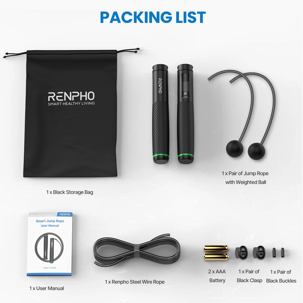 RENPHO 9FT Adjustable Smart Jump Rope with Count Time Calorie Analysis , Black