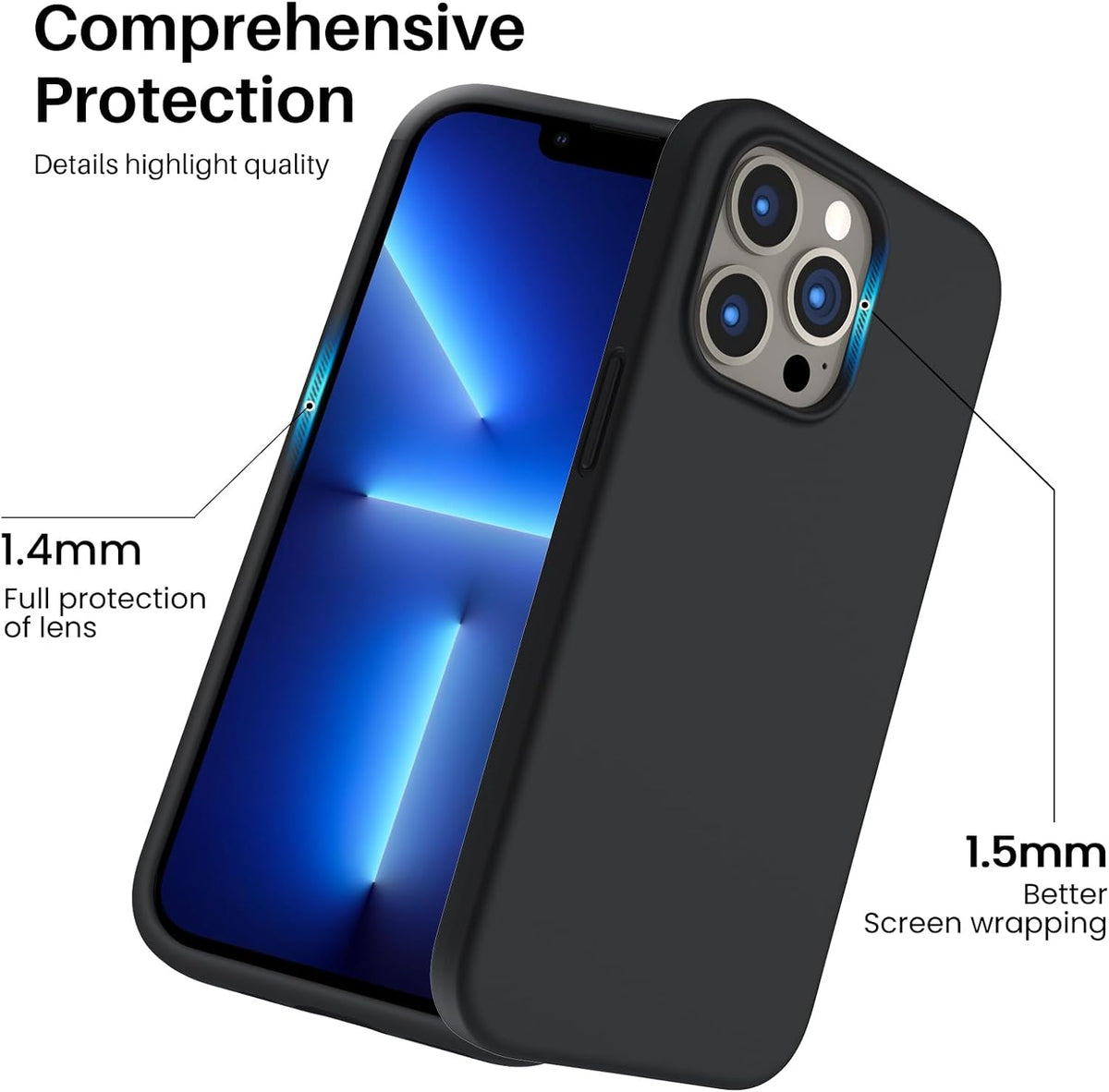 ORNARTO Shockproof Liquid Silicone Designed for Iphone 13 Pro Case Gel Rubber Comprehensive Protection Anti-Shock Cover Case Drop Protection 6.1Inch-Midnight Black