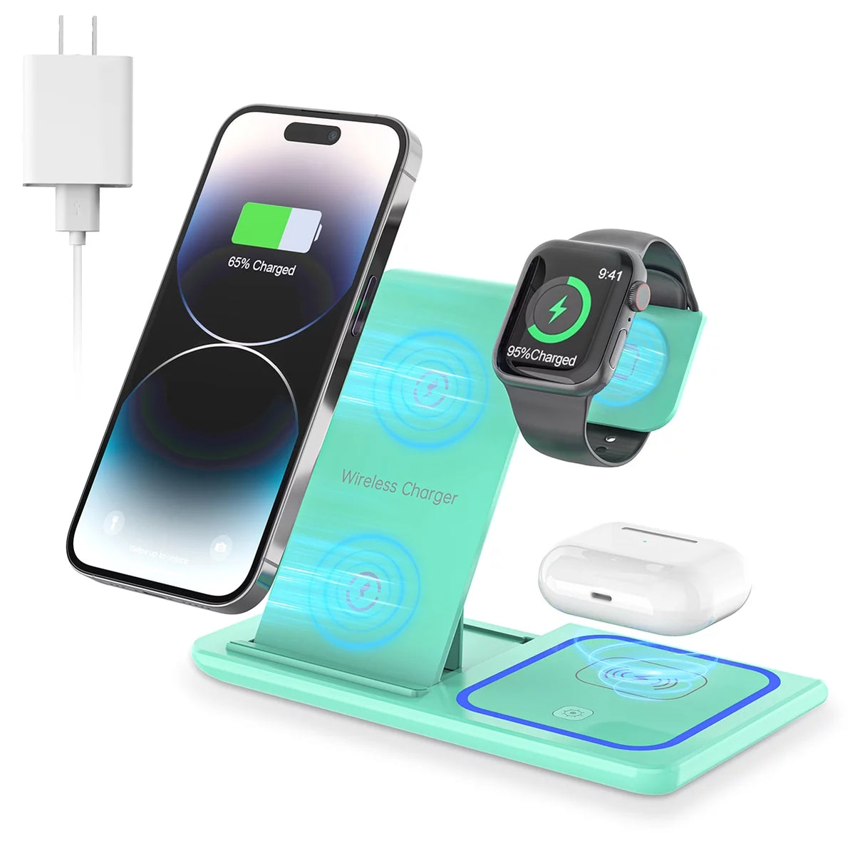 Wireless Charger, 18W Fast Iphone Charging Station for Iphone 15/14/13/12 /11/Pro Max/Plus /XR,3 in 1 Wireless Charging Stand for Iwatch Series SE 9/8/7/6/5/4/3, Airpods Pro/3/2 (With QC3.0 Adapter)