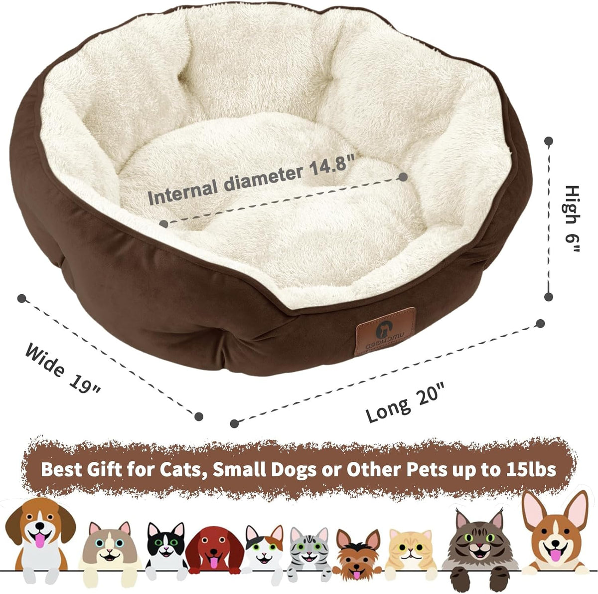 Asvin Small Dog Bed for Small Dogs, Cat Beds for Indoor Cats, Pet Bed for Puppy and Kitty, Extra Soft & Machine Washable with Anti-Slip & Water-Resistant Oxford Bottom, Brown, 20 Inches