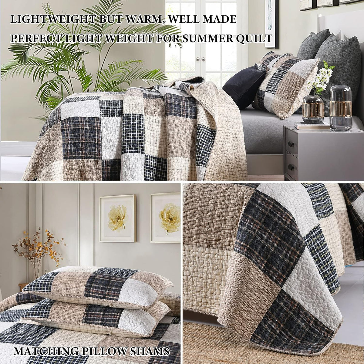 Y-PLWOMEN Quilt 100% Cotton King Size Quilt Set, Brown Khaki Black White Patchwork Plaid Bedspread, Lightweight Reversible Soft Summer Quilt Bedding Set, 3-Pieces