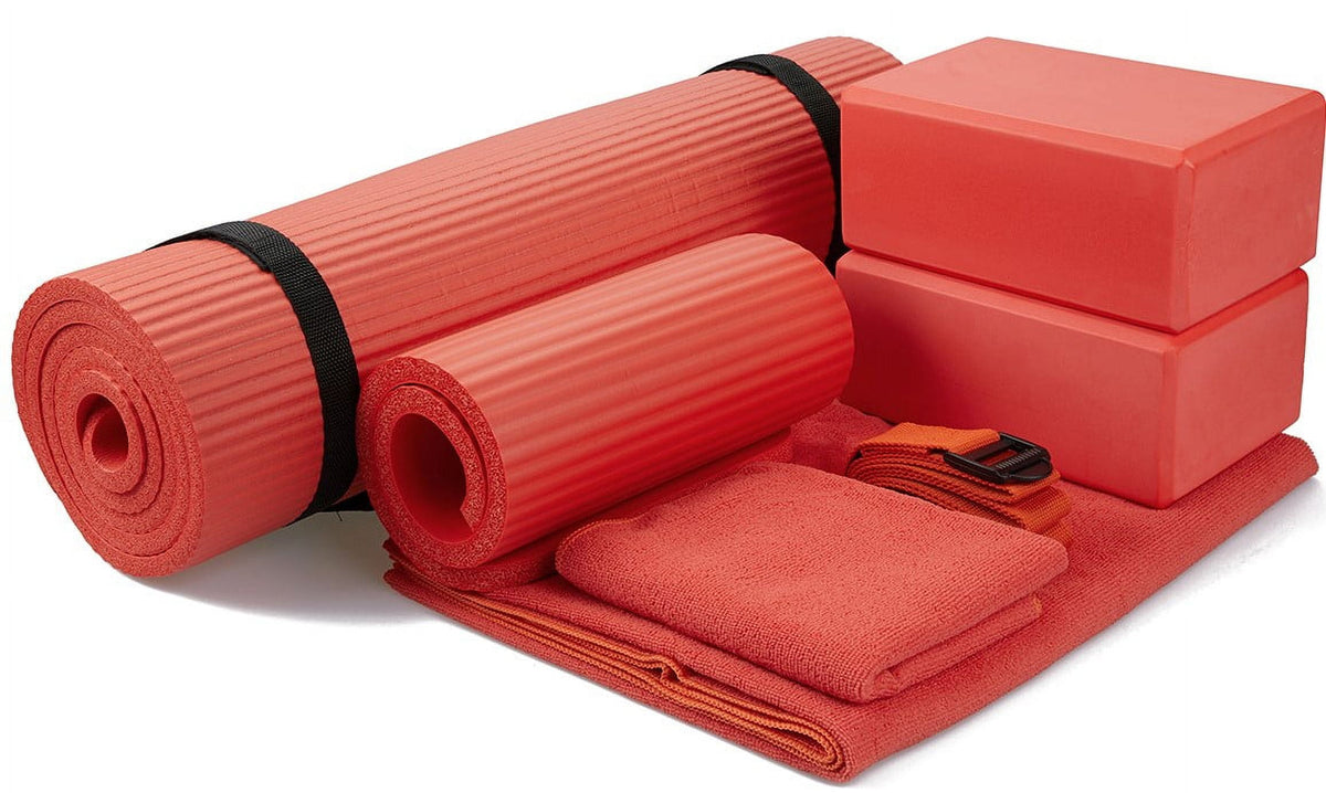 Everyday Essentials Go Yoga 7-Piece Set - Include Yoga Mat with Carrying Strap, 2 Yoga Blocks, Yoga Mat Towel, Yoga Hand Towel, Yoga Strap and Yoga Knee Pad