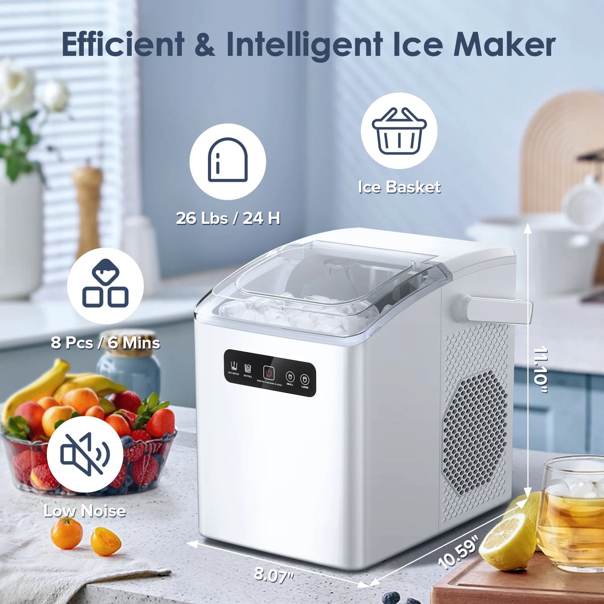 Auseo Countertop Portable Ice Maker, Self-Cleaning with Handle, Ice Scoop, 2 Sizes of Bullet Ice Cubes, for Home/Kitchen/Office-White