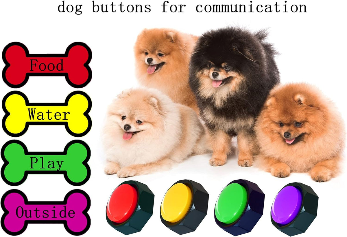 Set of 4 Dog Buttons, Dog Buttons for Communication, Dog Speaking Buttons, Recordable Buttons, Dog Touch Buttons， 25 Training Stickers, Teach Your Dog to Talk!