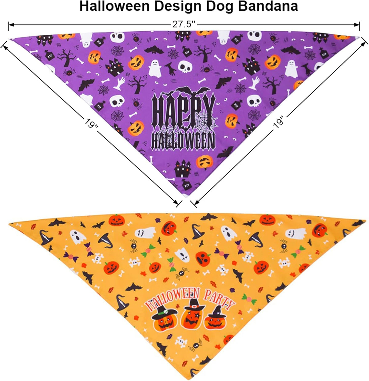 ADOGGYGO 2 Pack Halloween Dog Bandana, Reversible Triangle Dog Scarf Accessories Halloween Bandanas for Small Medium Large Dogs Pets (Purple & Yellow)