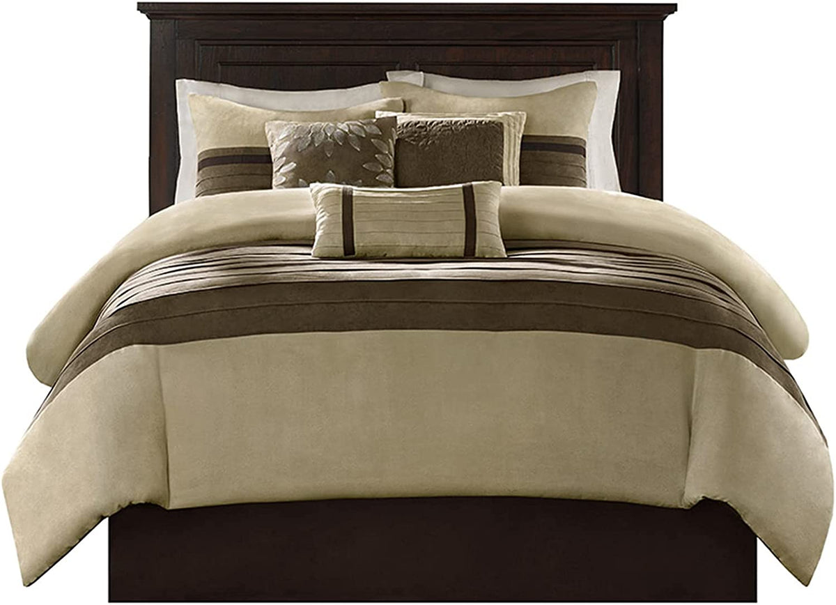 Madison Park Palmer Comforter Set-Luxury Faux Suede Design, Striped Accent, All Season down Alternative Bedding, Matching Shams, Decorative Pillow, Bed Skirt, Queen (90 in X 90 In), Natural 7 Piece