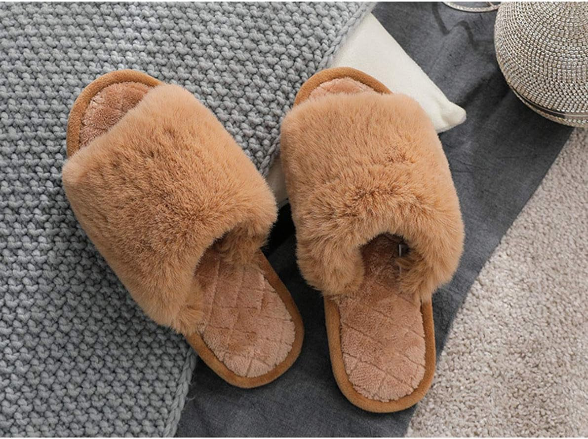 HUMIWA Women'S Fuzzy Fur Flat Slippers Soft Open Toe House Slippers Memory Foam Sandals Slides Home Slippers for Girls Men Indoor Outdoor