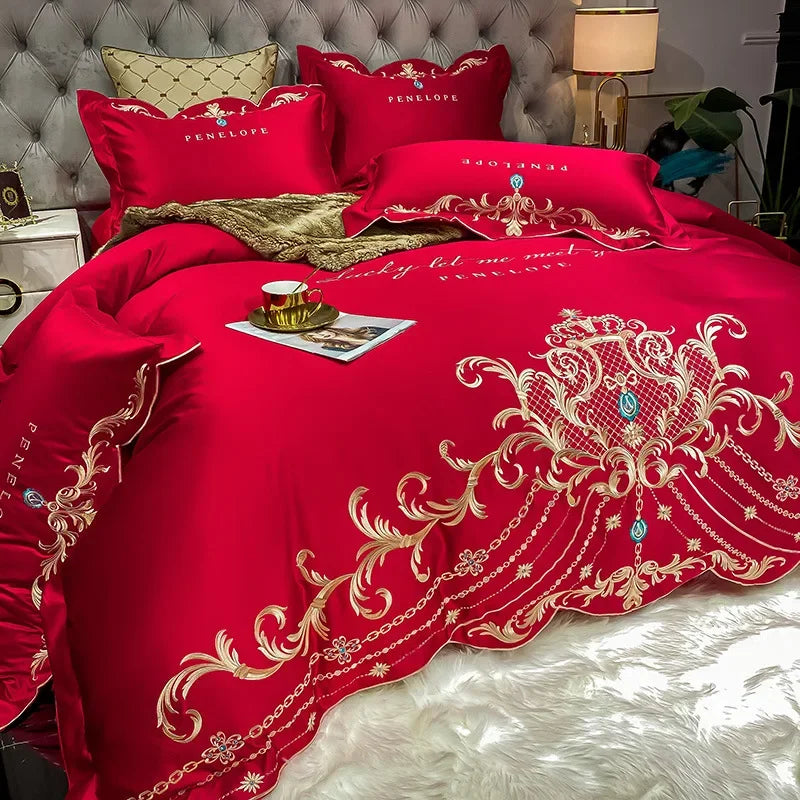 European Style Bedding Set Luxury Gold Royal Embroidery Satin Double Duvet Cover Pure Cotton Bed Sheets and Pillowcases Bed Set