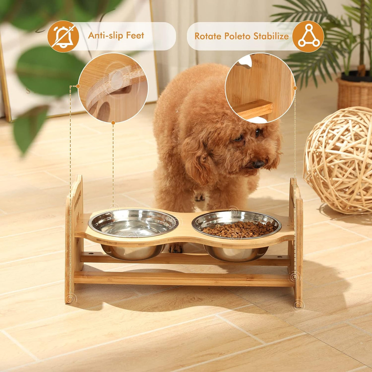 X-ZONE PET Elevated Dog Bowls for Cats and Dogs, Adjustable Bamboo Raised Dog Bowls for Medium Dog, Food and Water Set Stand Feeder with 2 Stainless Steel Bowls and anti Slip Feet (Height 4.7" to 7")