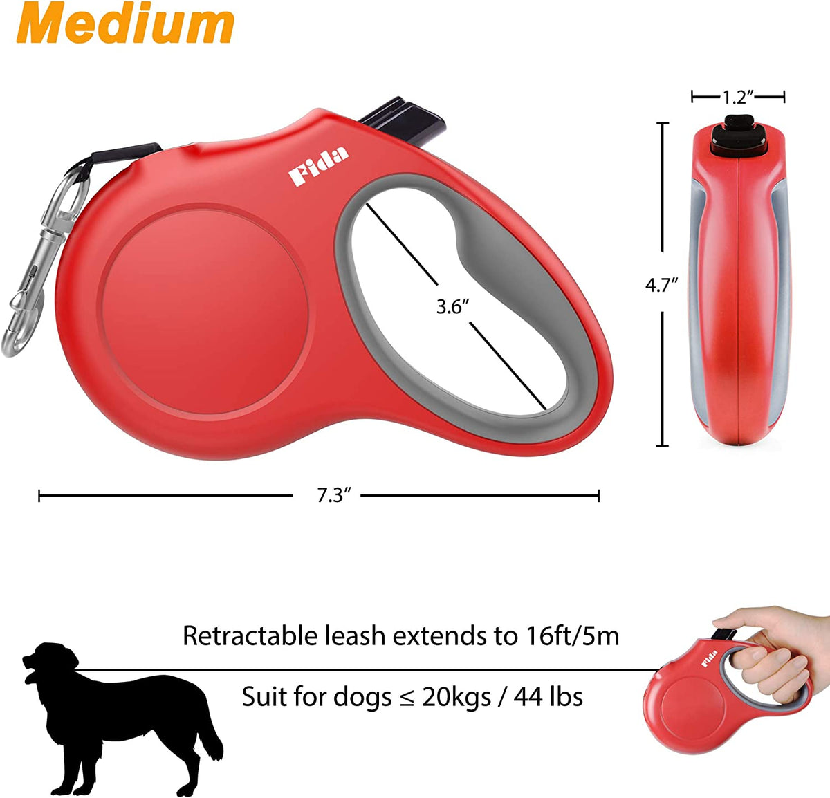 Fida Retractable Dog Leash with Dispenser and Poop Bags, 16 Ft Pet Walking Leash for Medium Dog or Cat up to 44 Lbs, Anti-Slip Handle, Tangle Free, Reflective Nylon Tape (M, Red)