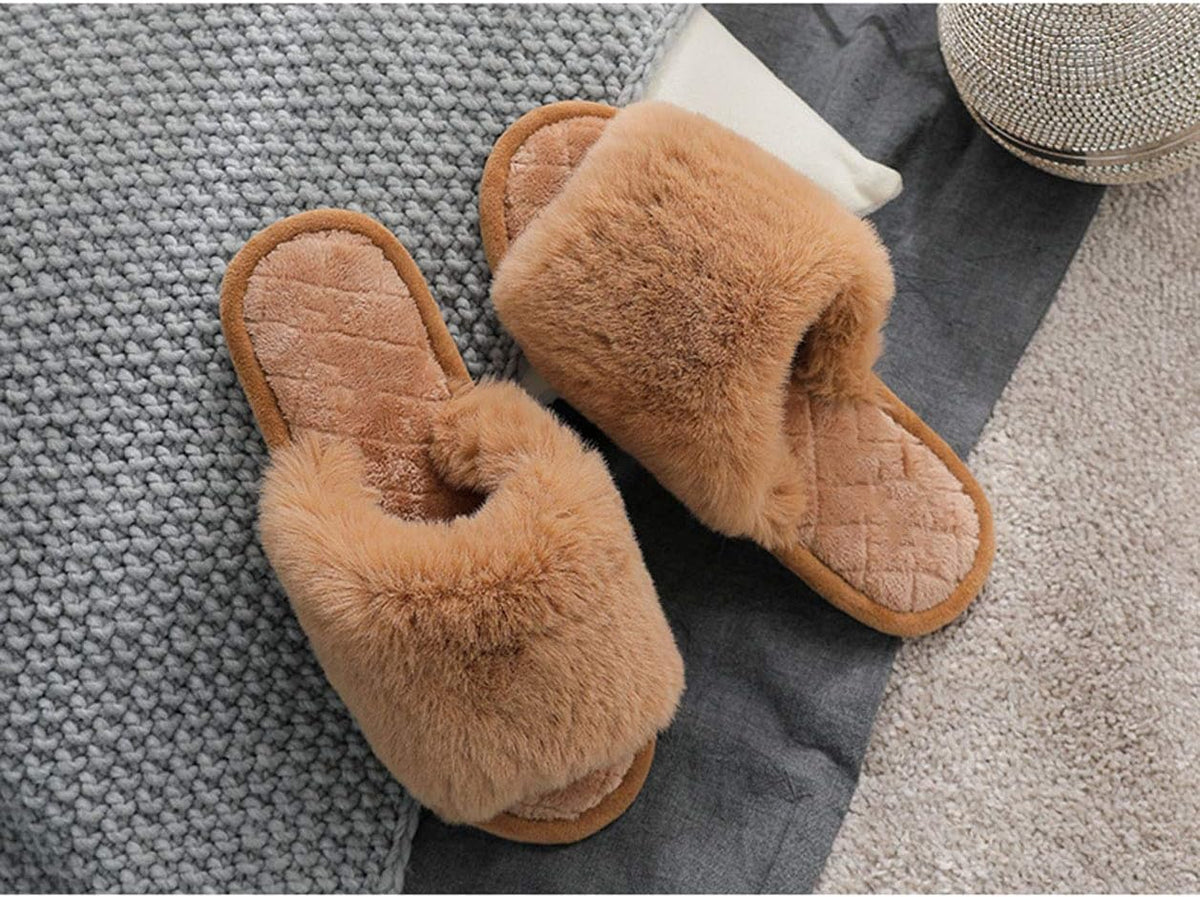 HUMIWA Women'S Fuzzy Fur Flat Slippers Soft Open Toe House Slippers Memory Foam Sandals Slides Home Slippers for Girls Men Indoor Outdoor