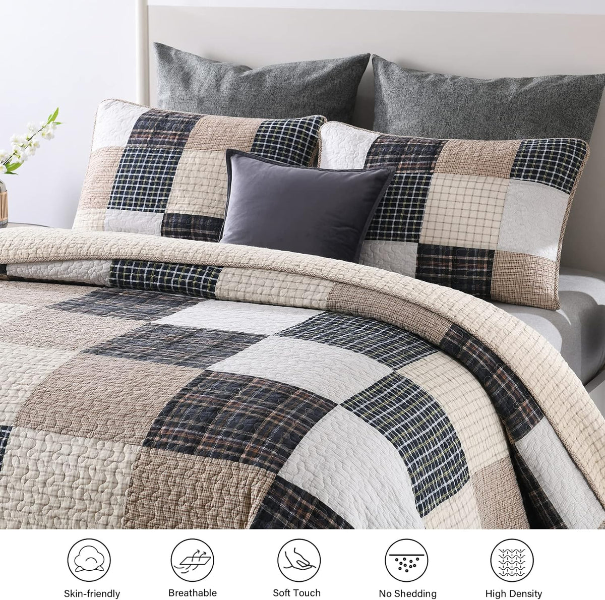 Y-PLWOMEN Quilt 100% Cotton King Size Quilt Set, Brown Khaki Black White Patchwork Plaid Bedspread, Lightweight Reversible Soft Summer Quilt Bedding Set, 3-Pieces