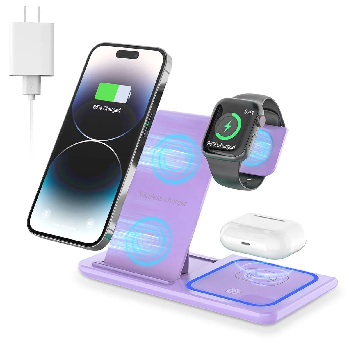 Wireless Charger, 18W Fast Iphone Charging Station for Iphone 15/14/13/12 /11/Pro Max/Plus /XR,3 in 1 Wireless Charging Stand for Iwatch Series SE 9/8/7/6/5/4/3, Airpods Pro/3/2 (With QC3.0 Adapter)