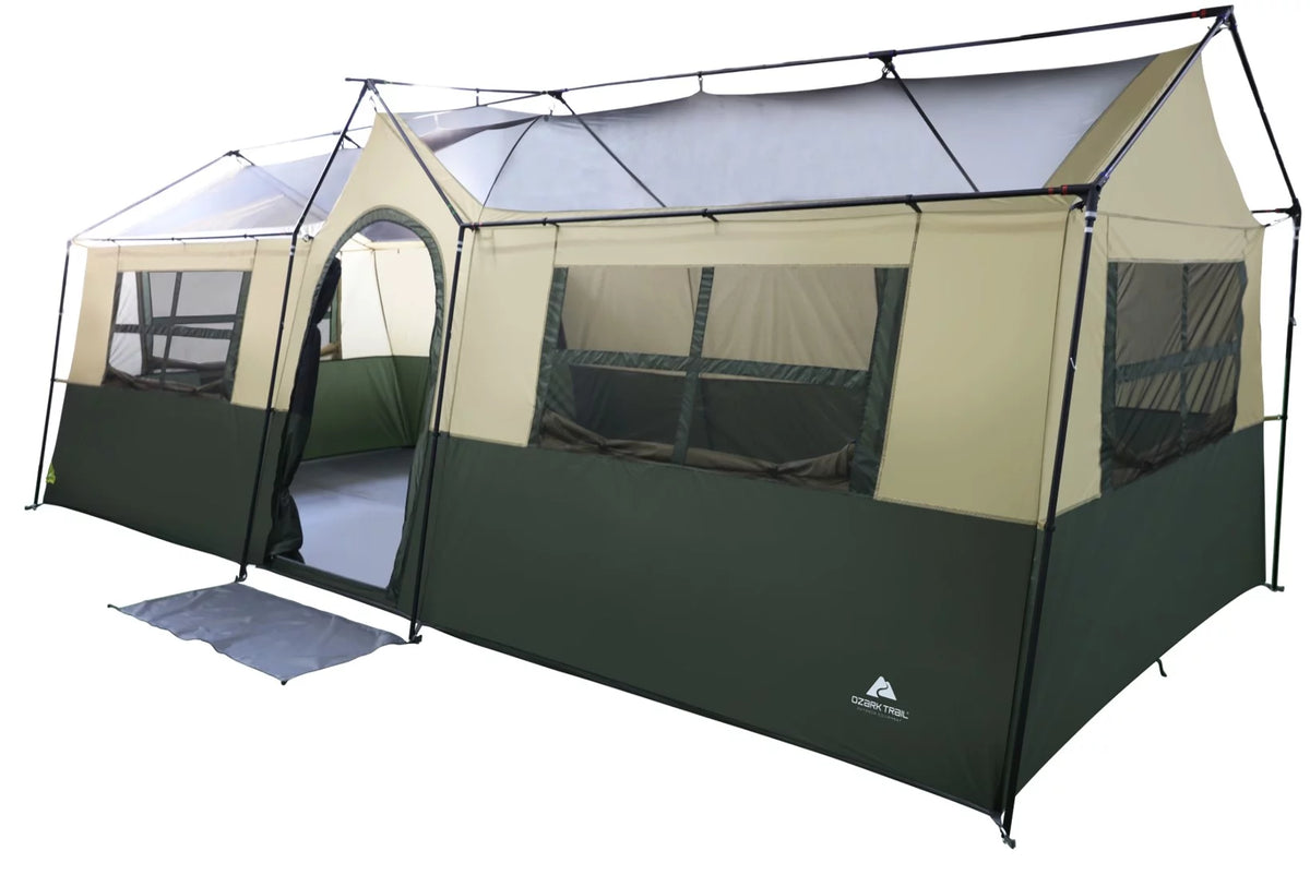 Ozark Trail Hazel Creek 12 Person 3-Room Cabin Tent, 20' X 9' X 84", Green