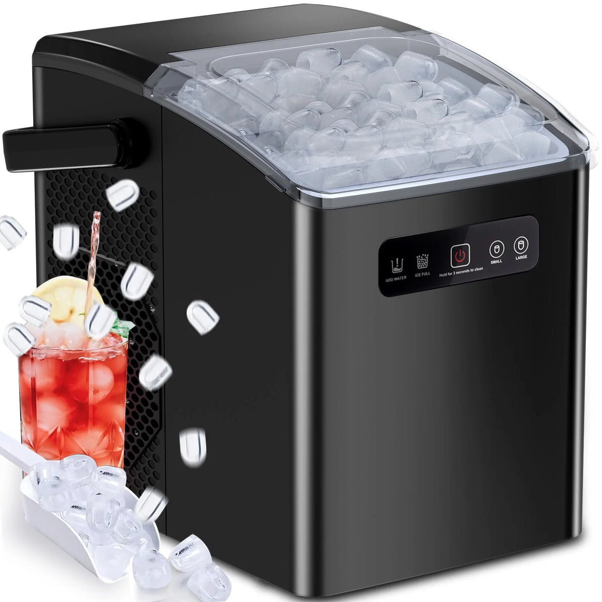 Auseo Countertop Portable Ice Maker, Self-Cleaning with Handle, Ice Scoop, 2 Sizes of Bullet Ice Cubes, for Home/Kitchen/Office-White