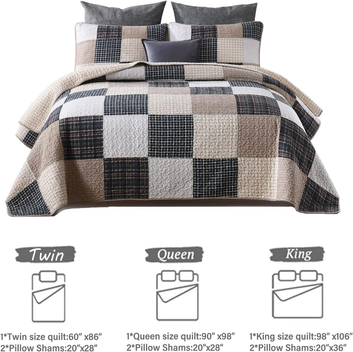 Y-PLWOMEN Quilt 100% Cotton King Size Quilt Set, Brown Khaki Black White Patchwork Plaid Bedspread, Lightweight Reversible Soft Summer Quilt Bedding Set, 3-Pieces